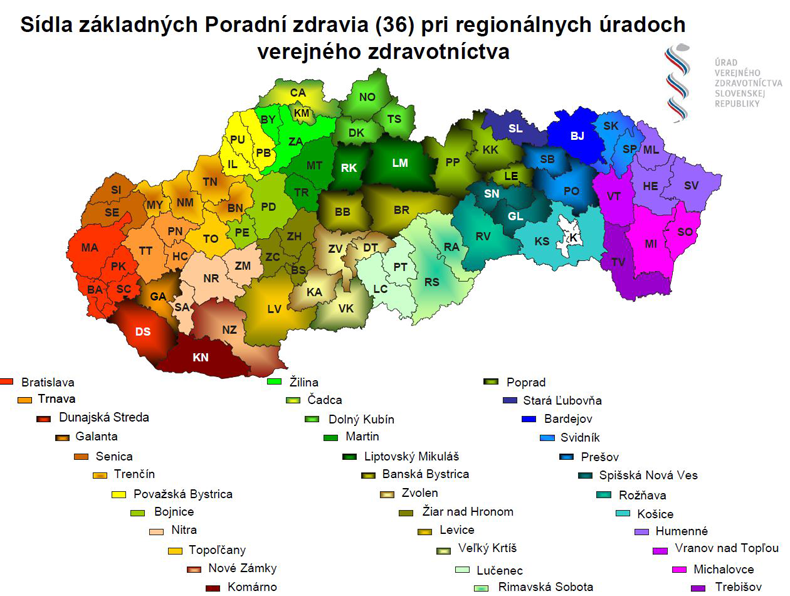 Sídla základných poradní zdravia (36) pri regionálnych úradoch verejného zdravotníctva
